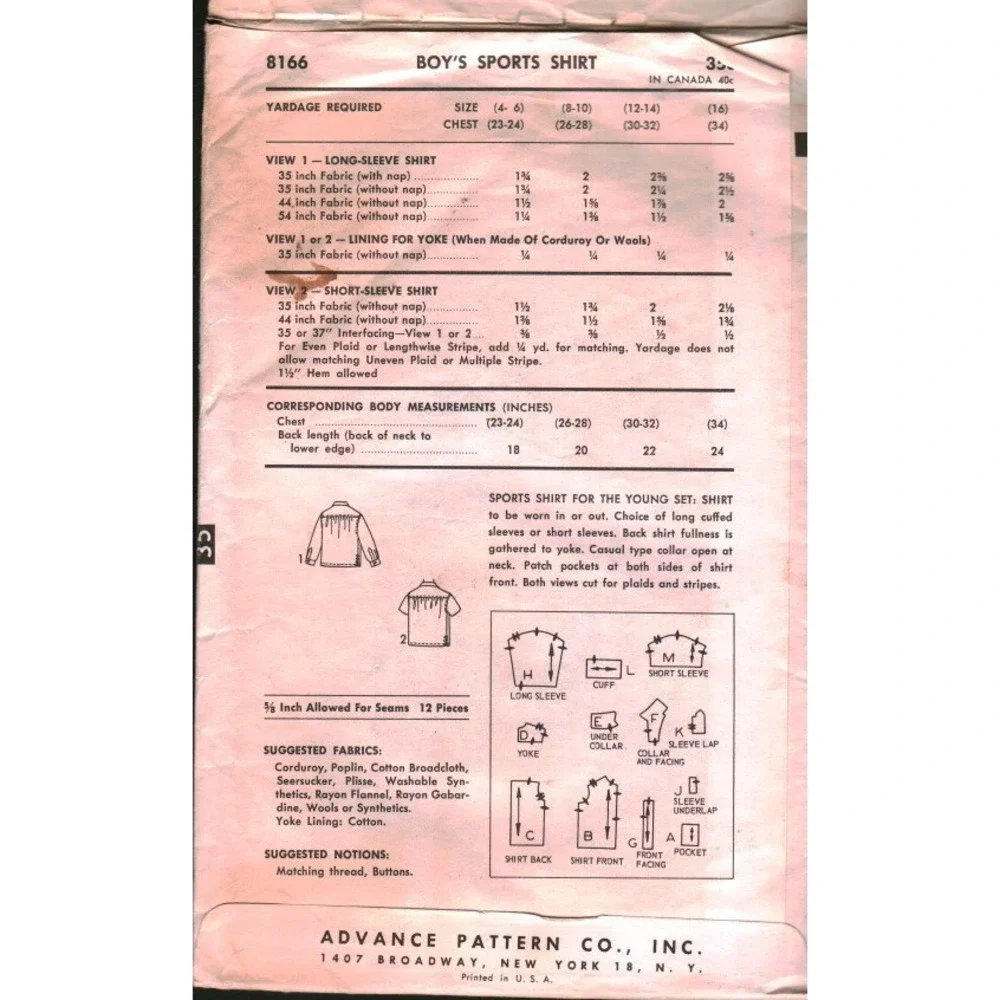 Vintage‎ Advance 8166 Boys Sports Shirt Sewing Pattern Size 16 Chest 34 Retro